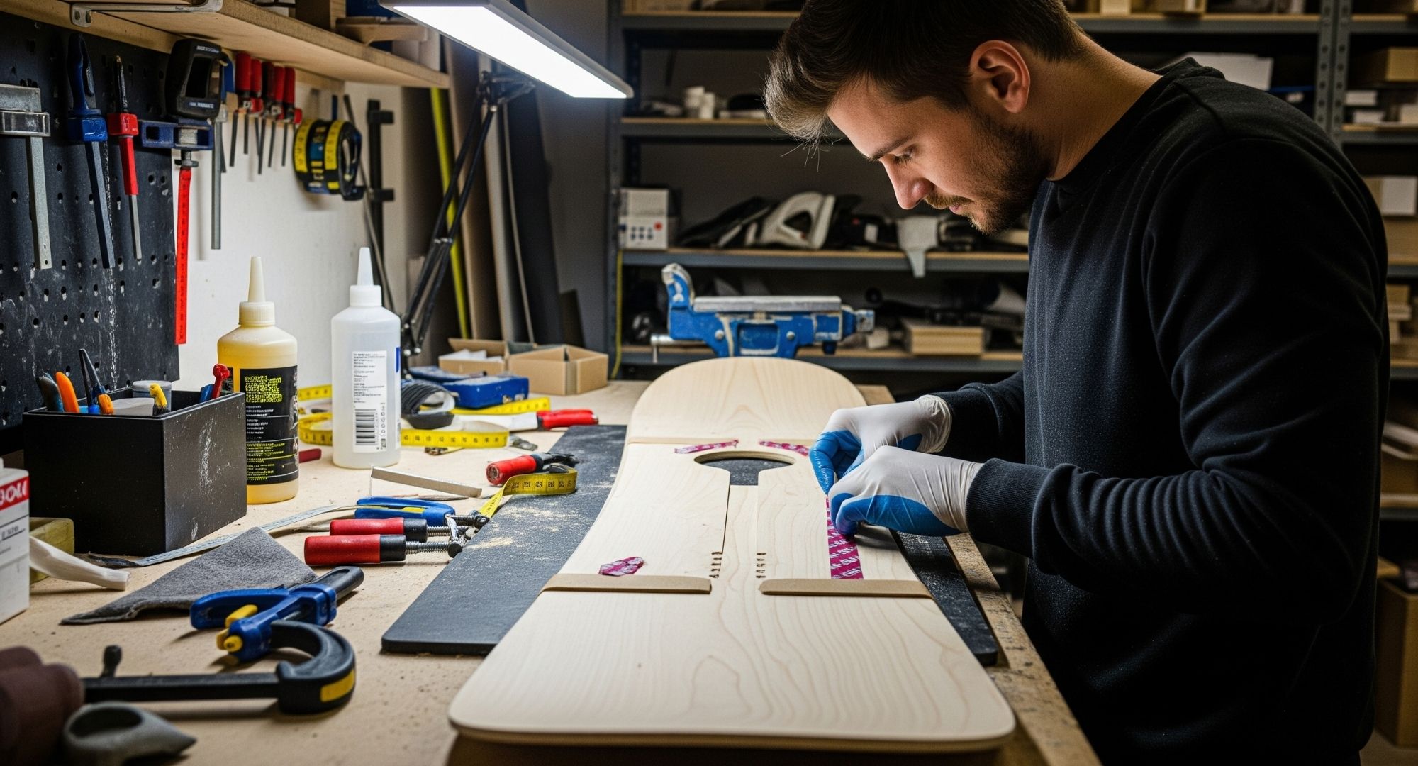 A skilled technician carefully applies a strip of specialized tape along the edge of a snowboard during assembly.