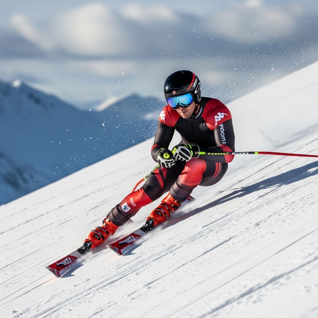 A competitive skier in full gear tucks low to the ground to gain speed during a race.