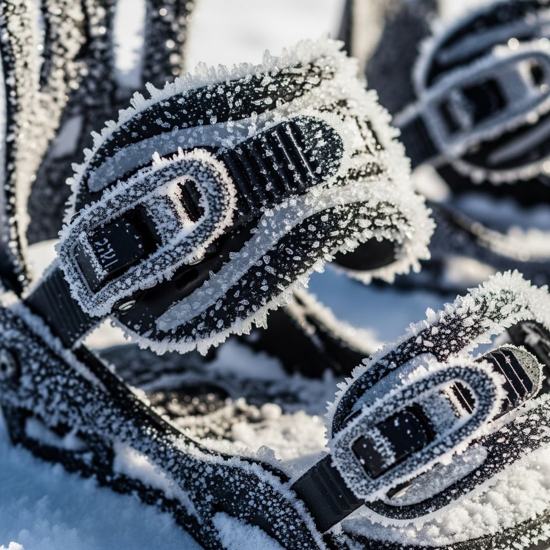A macro photograph shows intricate ice crystals and fresh snow covering the surface of snowboard bindings.