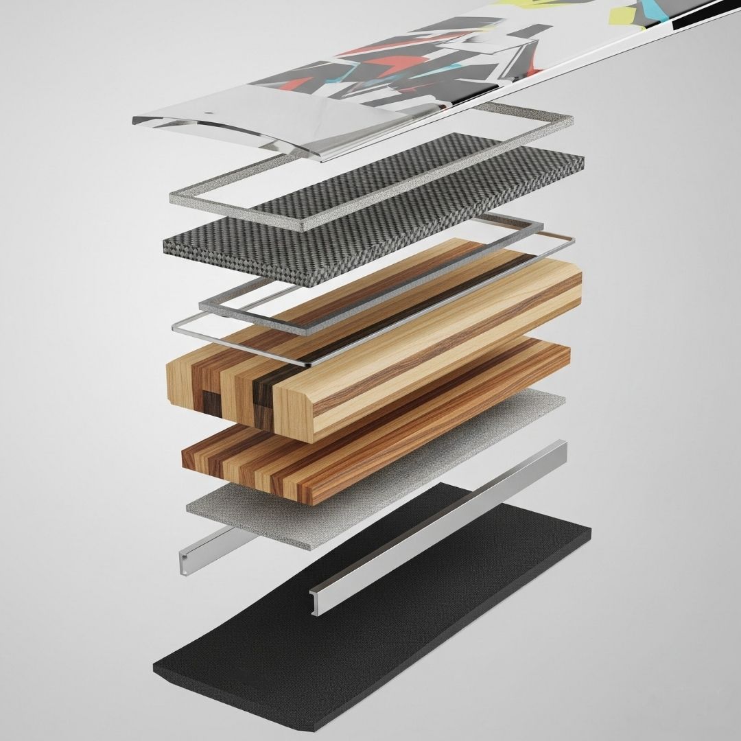 An organized layout displays the different raw materials and composite layers used to construct modern skis.