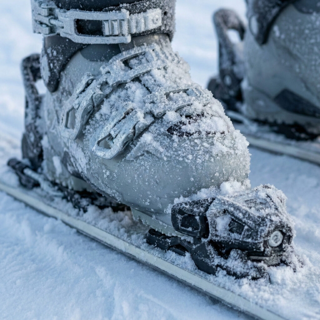 A close-up view of a grey ski boot locked into a binding, both heavily covered in frost and snow, resting on a snow-covered surface.