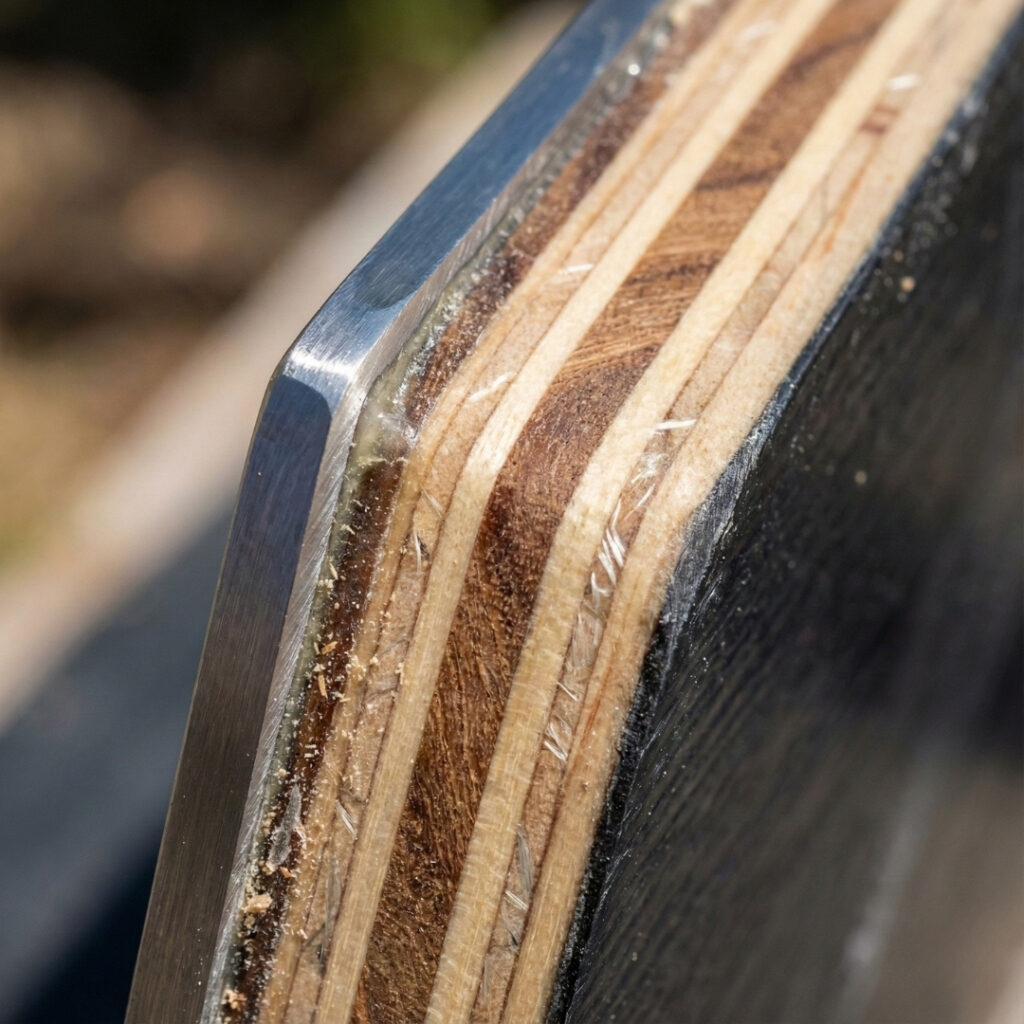 A macro shot showing the cross-section of a snowboard, highlighting the metal edge bonded to the multi-layered wood core with resin.