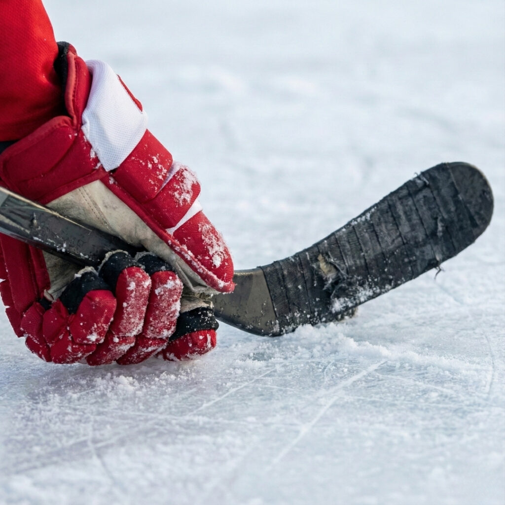 A close-up of a hockey player's gloved hand, red with white accents, firmly gripping the taped handle of a hockey stick on a scratched ice rink, with ice shavings visible.