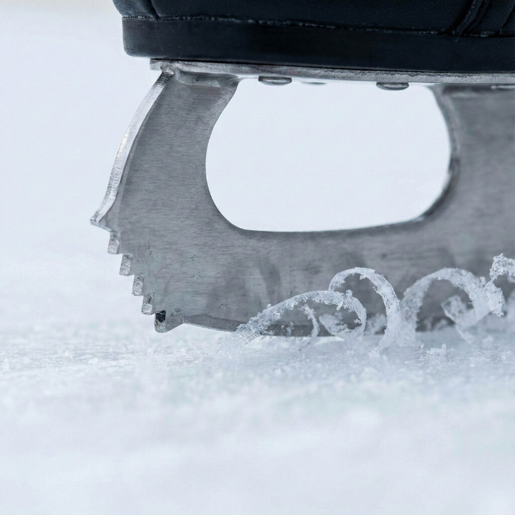 A detailed close-up of the metal blade of an ice skate cutting into a sheet of ice, with ice shavings curling away from the edge near the serrated toe pick.