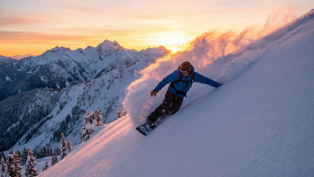 A snowboarder in a blue jacket and dark pants carves hard down a powder-covered mountain slope at sunrise, kicking up a plume of snow against a backdrop of mountains and an orange and purple sky.