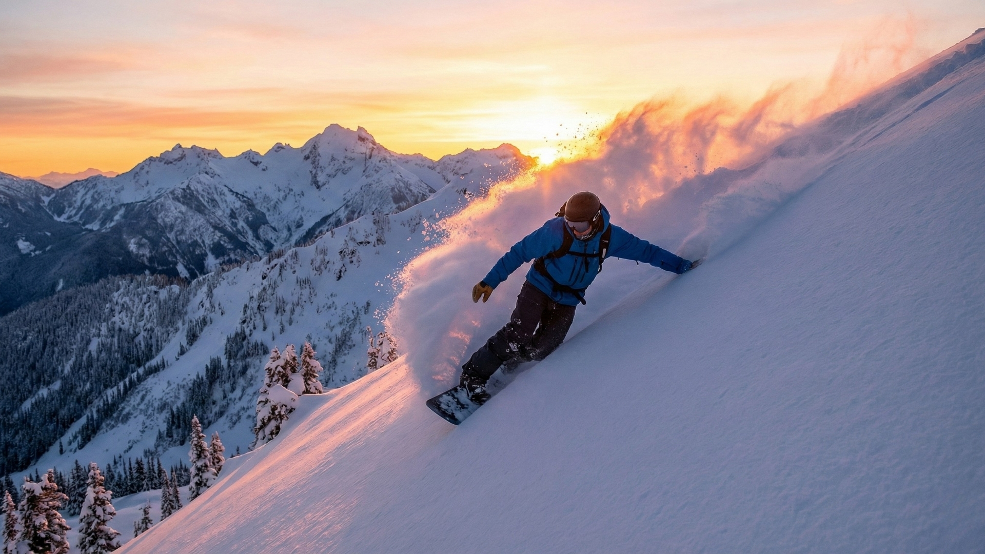 A snowboarder in a blue jacket and dark pants carves hard down a powder-covered mountain slope at sunrise, kicking up a plume of snow against a backdrop of mountains and an orange and purple sky.