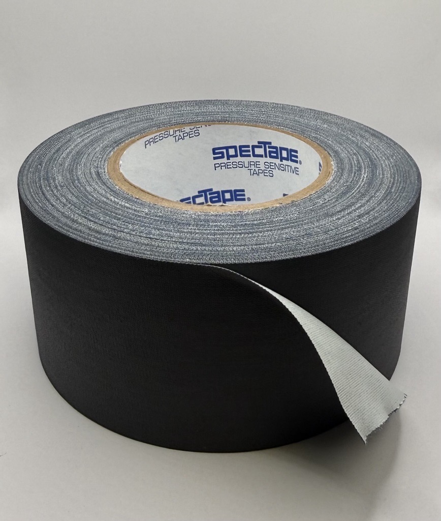 SpecGaff professional black gaffer tape roll showing matte finish and hand-torn cloth backing edge